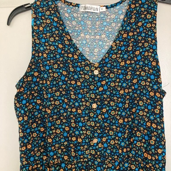 Floral Sleeveless Midi Dress - Black and Orange - Picture 5 of 10